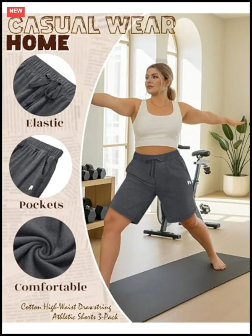 Plus Size Bermuda Shorts 3 Pack Cotton Blend High Waist Drawstring Pockets